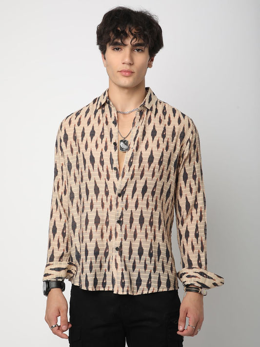 Beige Abstract Printed Dobby Shirt