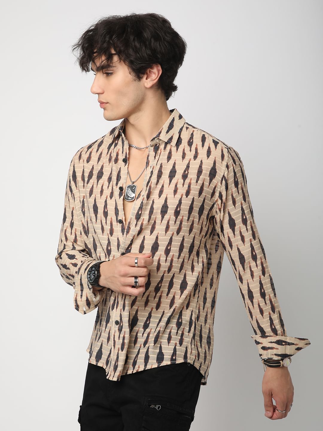 Beige Abstract Printed Dobby Shirt
