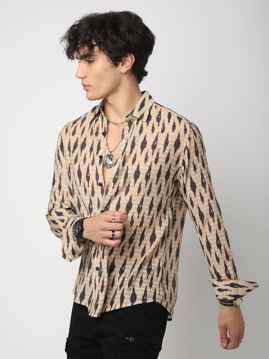 Beige Abstract Printed Dobby Shirt