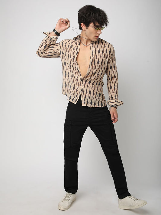 Beige Abstract Printed Dobby Shirt