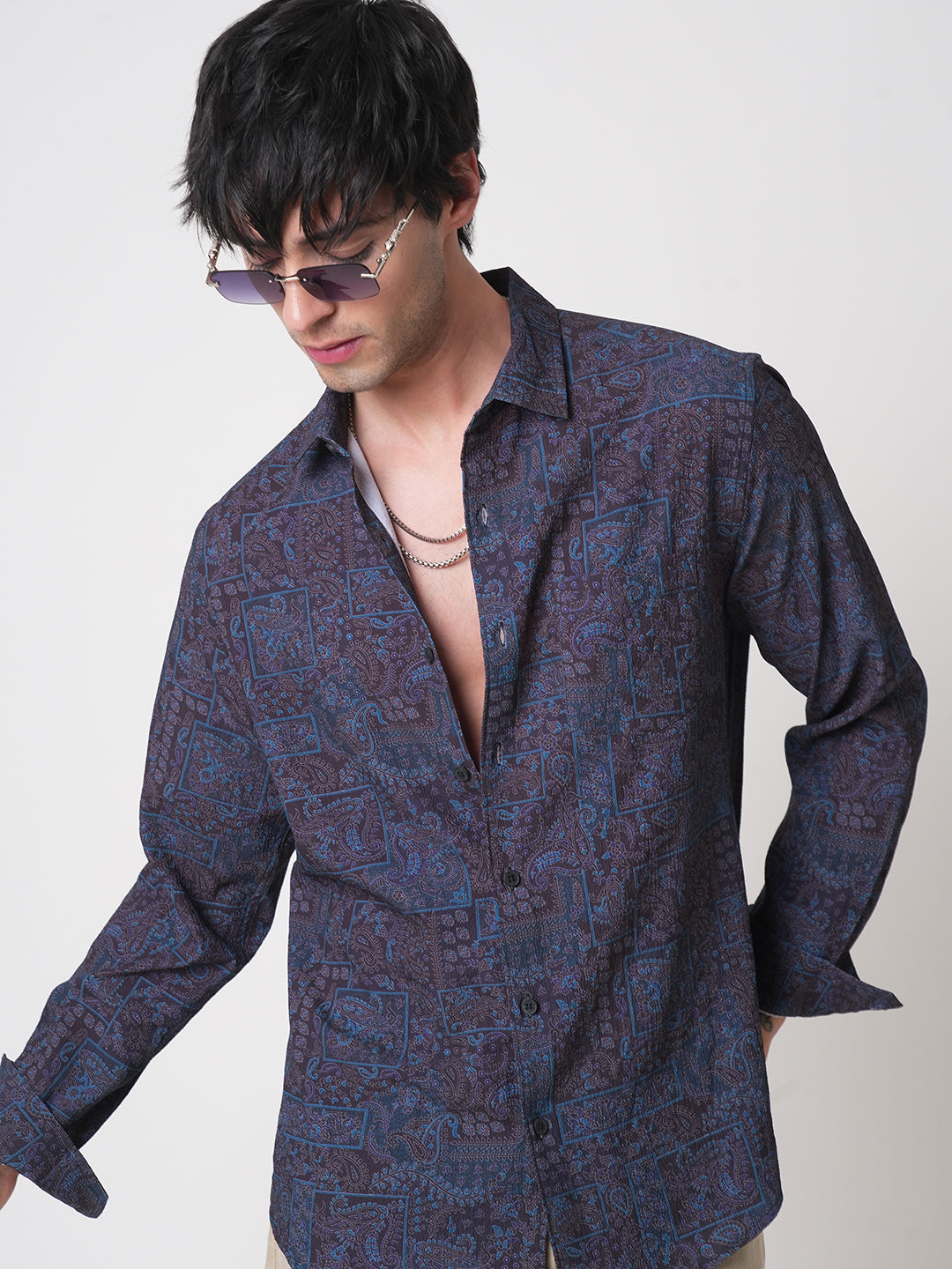 Navy Paisley Printed Creased Shirt