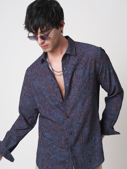 Navy Paisley Printed Creased Shirt