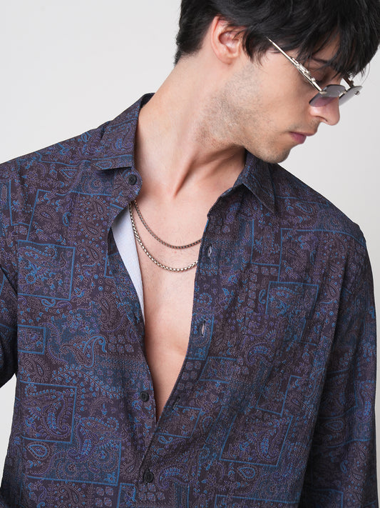 Navy Paisley Printed Creased Shirt