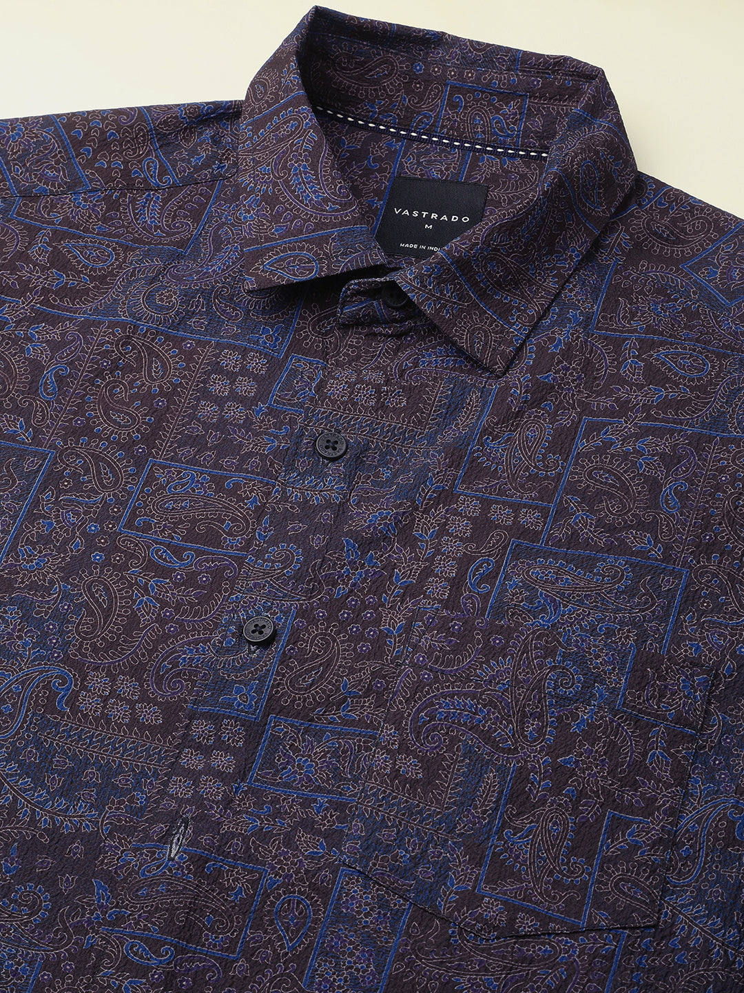 Navy Paisley Printed Creased Shirt