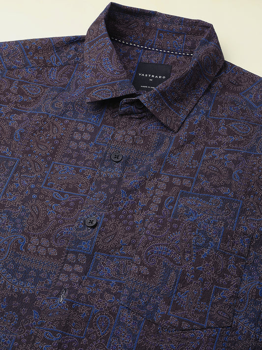 Navy Paisley Printed Creased Shirt