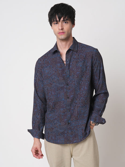 Navy Paisley Printed Creased Shirt
