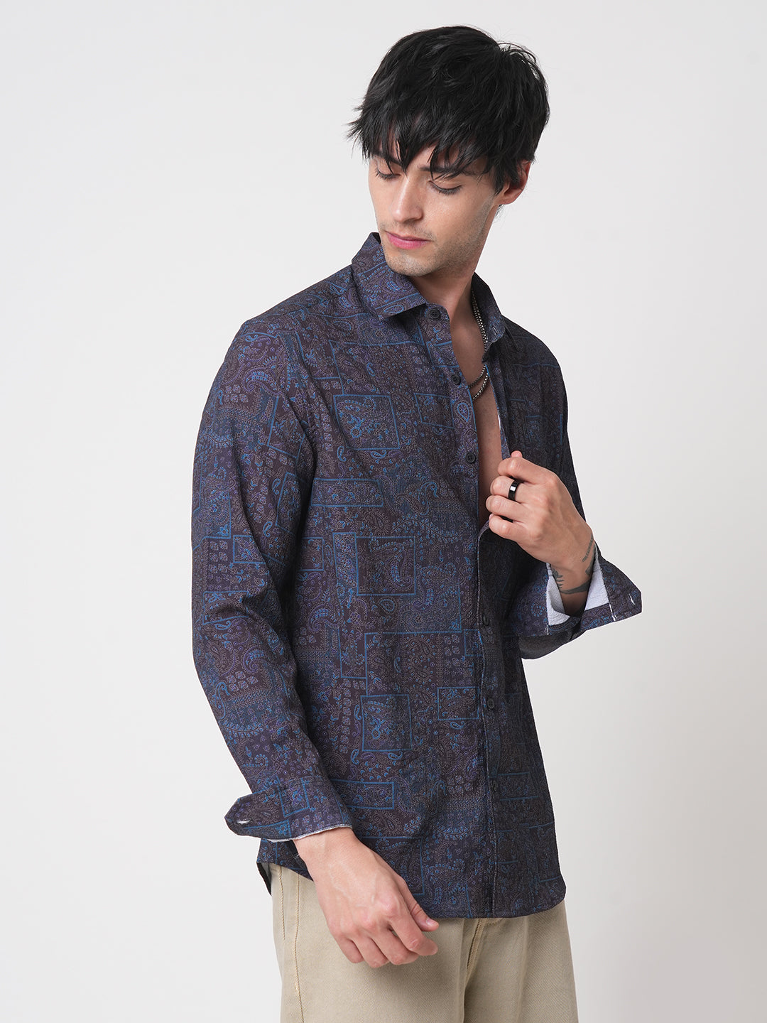 Navy Paisley Printed Creased Shirt