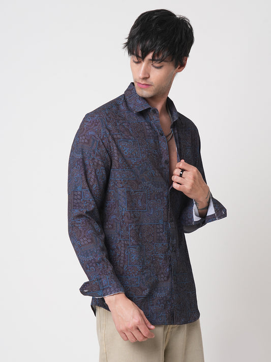 Navy Paisley Printed Creased Shirt
