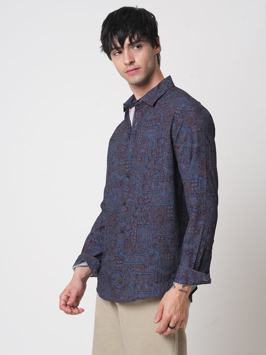 Navy Paisley Printed Creased Shirt