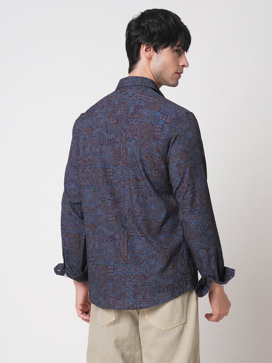 Navy Paisley Printed Creased Shirt