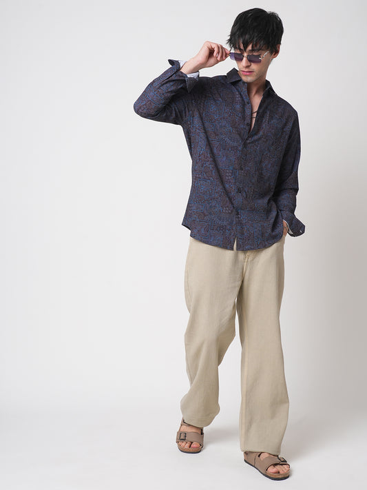 Navy Paisley Printed Creased Shirt