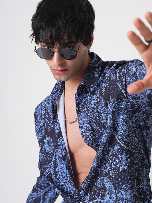Navy Paisley Printed Creased Shirt