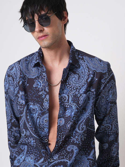 Navy Paisley Printed Creased Shirt
