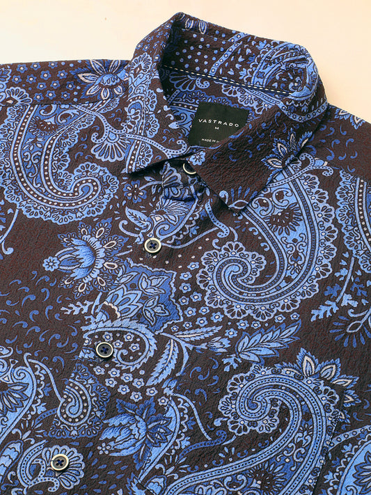 Navy Paisley Printed Creased Shirt