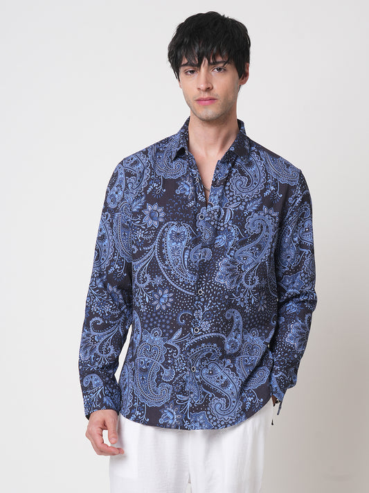 Navy Paisley Printed Creased Shirt