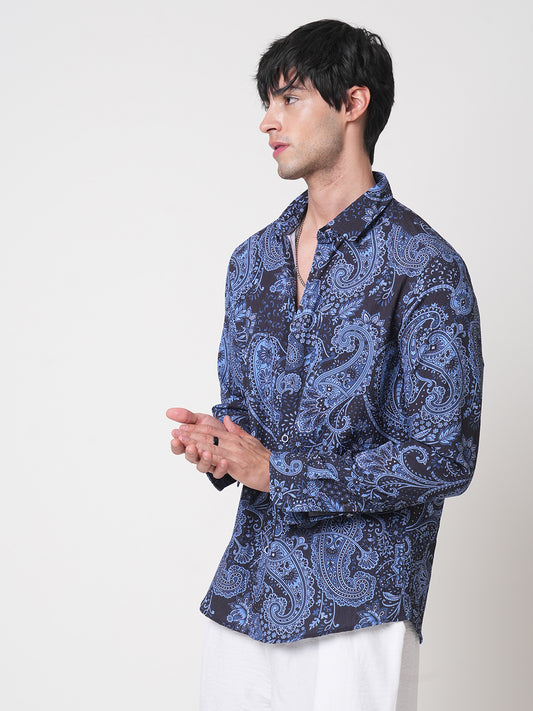 Navy Paisley Printed Creased Shirt