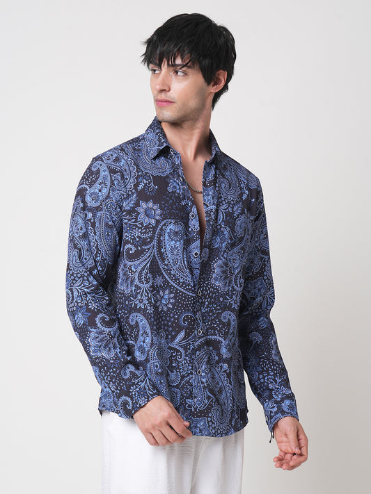 Navy Paisley Printed Creased Shirt
