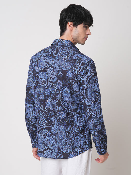Navy Paisley Printed Creased Shirt
