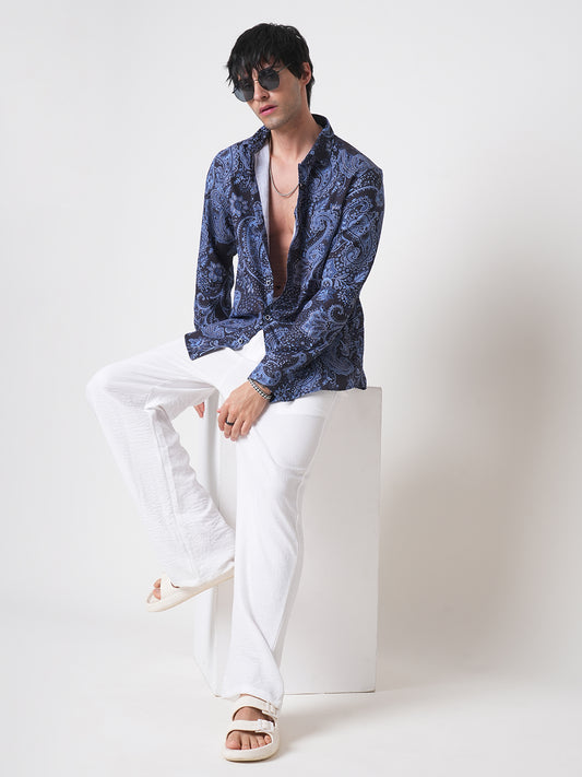 Navy Paisley Printed Creased Shirt