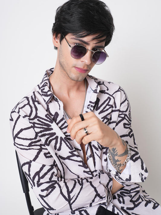 Cream & Black Abstract Printed Creased Shirt