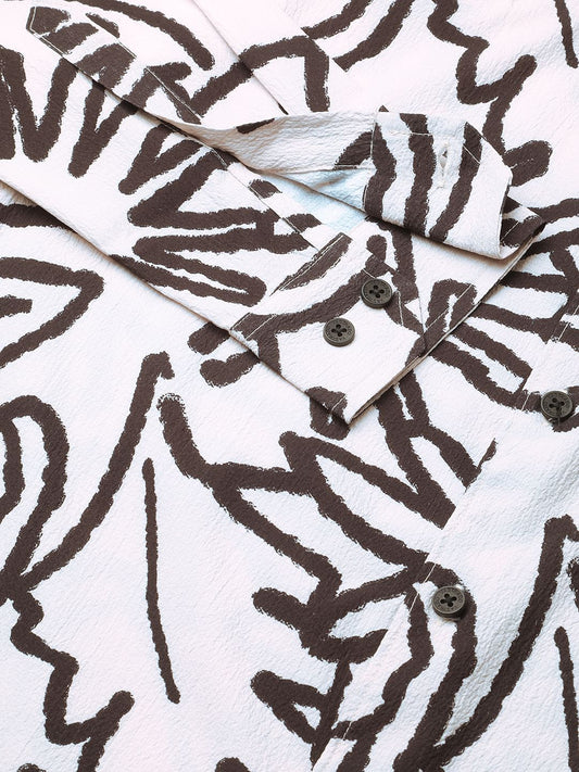 Cream & Black Abstract Printed Creased Shirt