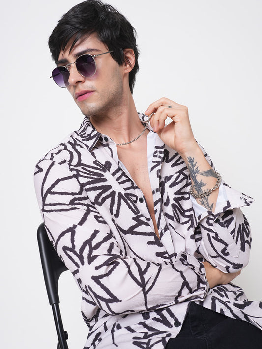 Cream & Black Abstract Printed Creased Shirt