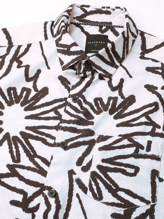 Cream & Black Abstract Printed Creased Shirt
