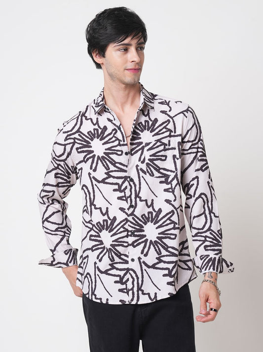 Cream & Black Abstract Printed Creased Shirt