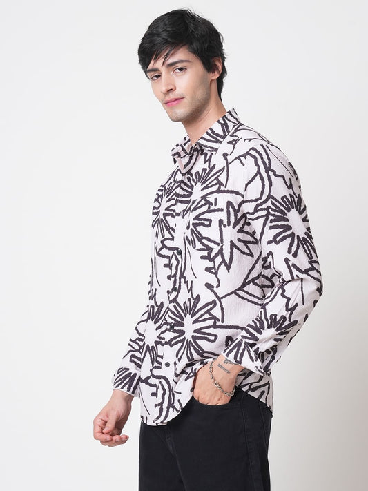 Cream & Black Abstract Printed Creased Shirt