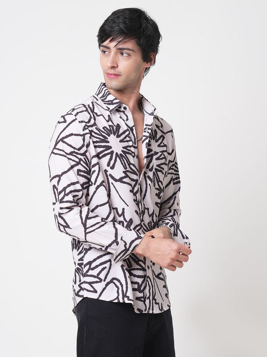 Cream & Black Abstract Printed Creased Shirt