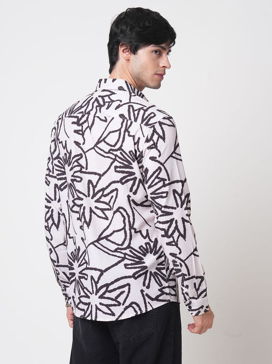 Cream & Black Abstract Printed Creased Shirt