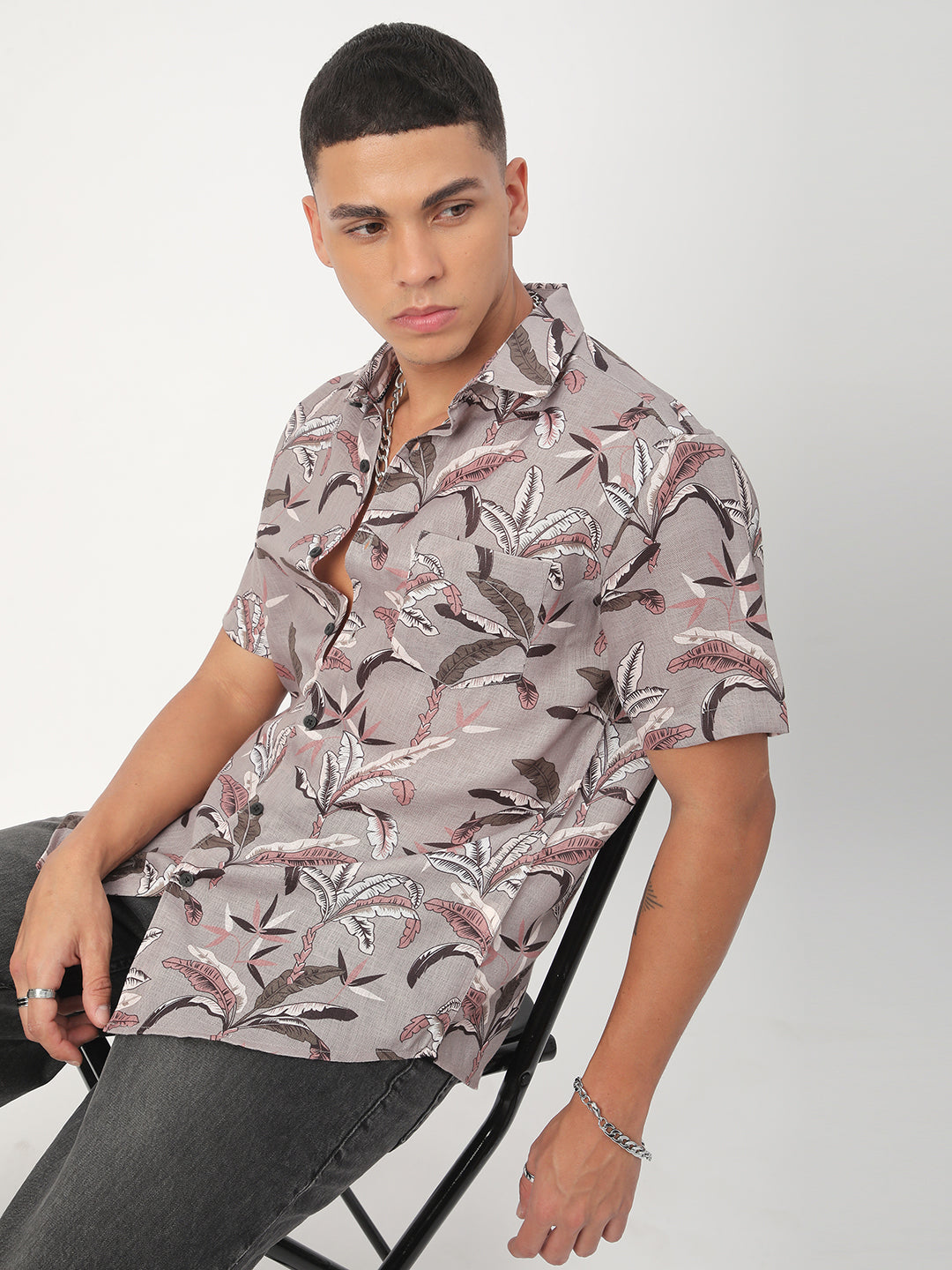 Grey Leaf Printed Shirt