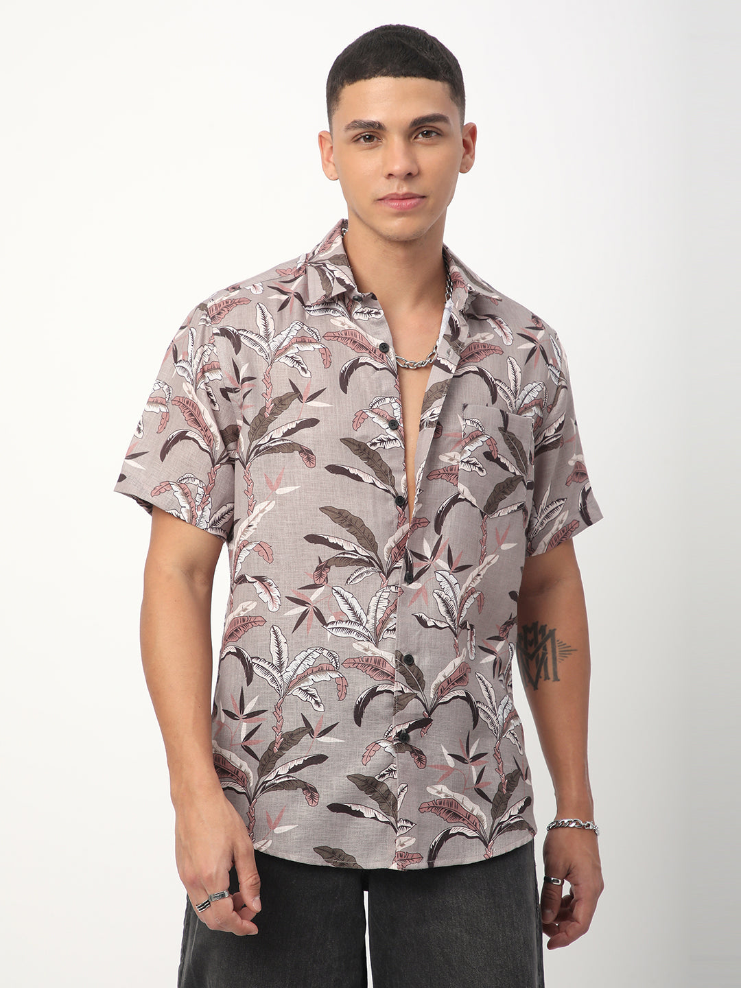 Grey Leaf Printed Shirt