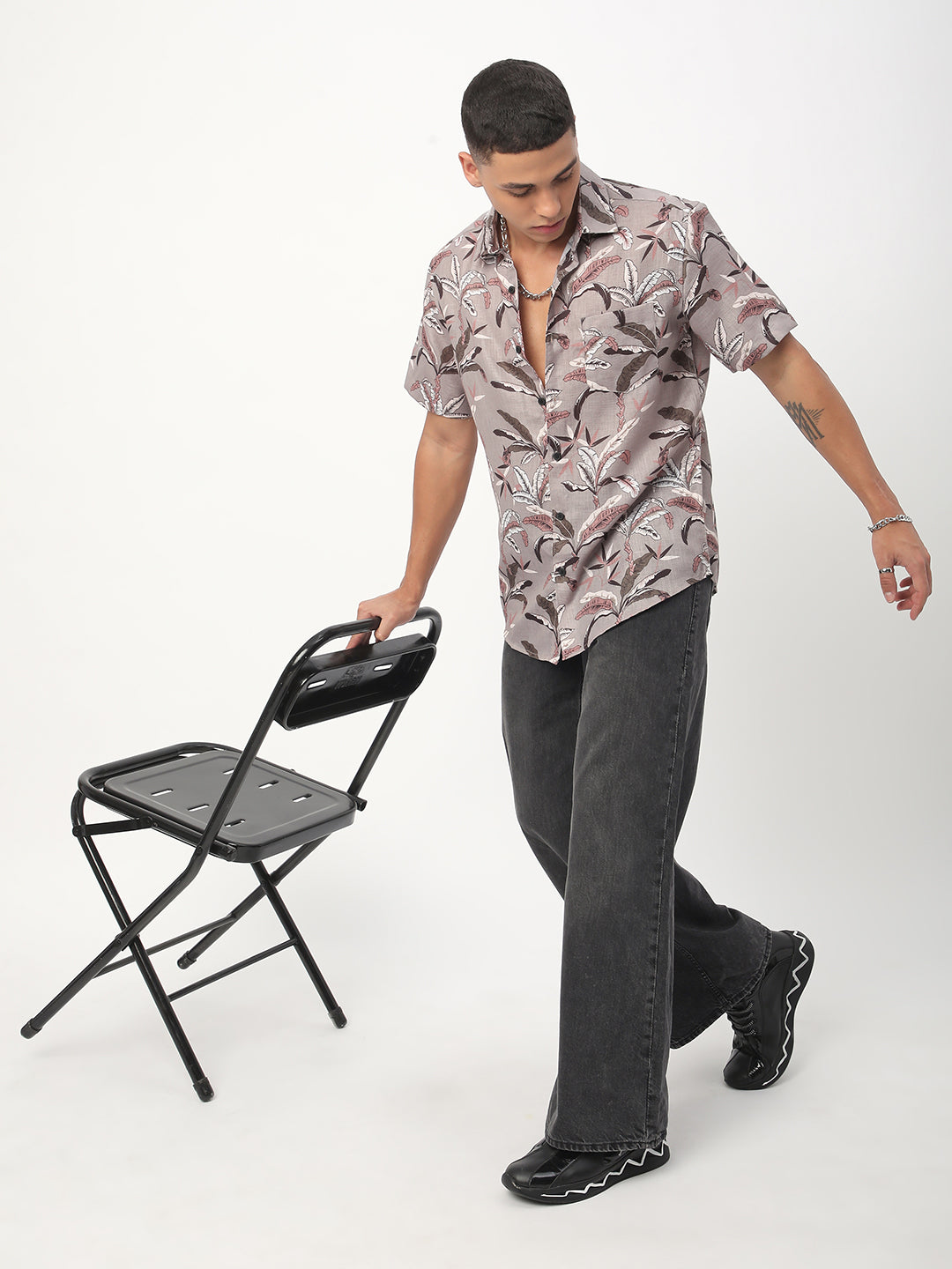 Grey Leaf Printed Shirt