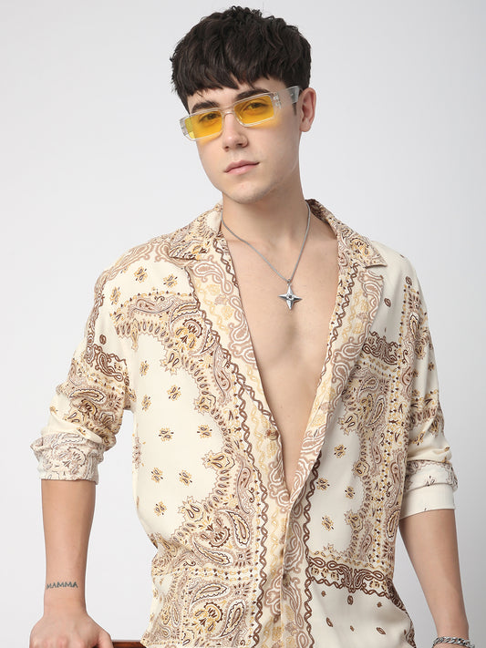 Beige Paisley Printed Lapel Collar Oversized Shirt