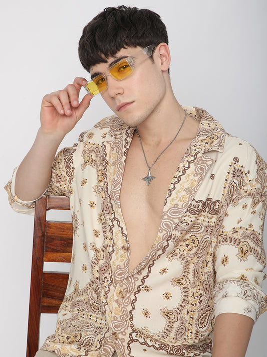 Beige Paisley Printed Lapel Collar Oversized Shirt