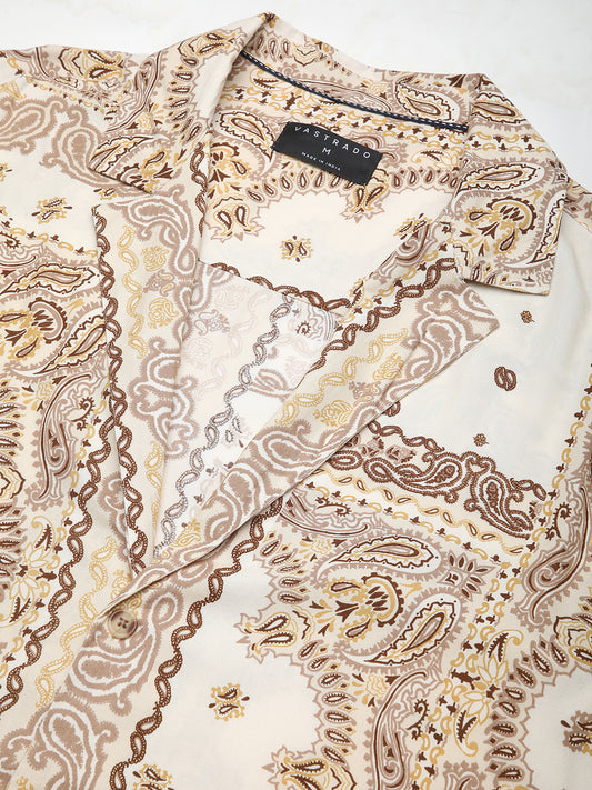 Beige Paisley Printed Lapel Collar Oversized Shirt