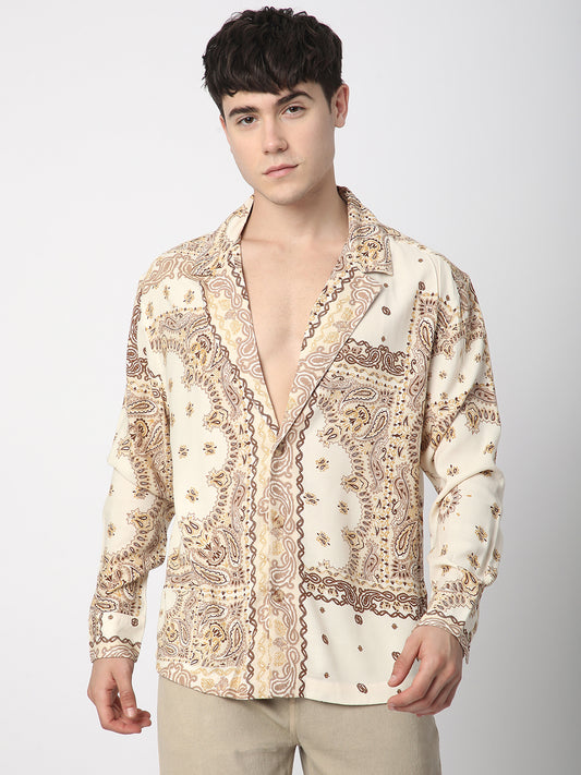 Beige Paisley Printed Lapel Collar Oversized Shirt