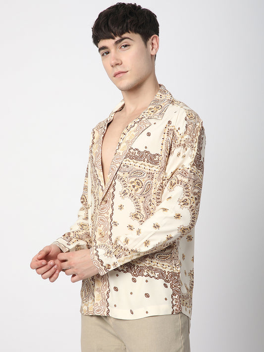 Beige Paisley Printed Lapel Collar Oversized Shirt