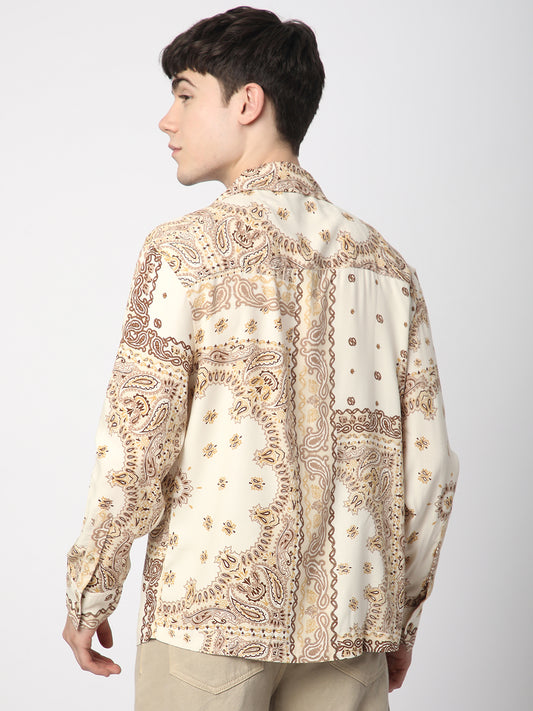 Beige Paisley Printed Lapel Collar Oversized Shirt