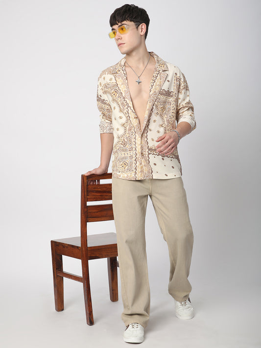 Beige Paisley Printed Lapel Collar Oversized Shirt