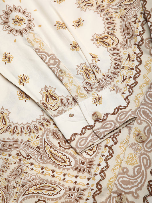 Beige Paisley Printed Lapel Collar Oversized Shirt