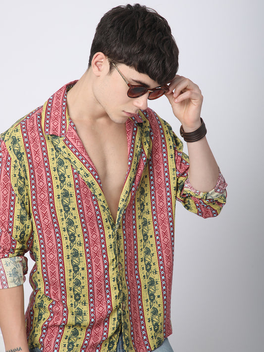 Multicolor Abstract Printed Lapel Collar Oversized Shirt