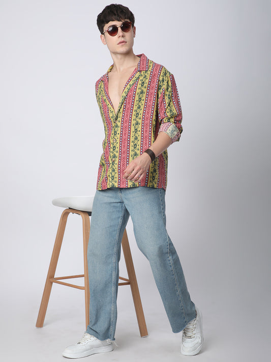 Multicolor Abstract Printed Lapel Collar Oversized Shirt