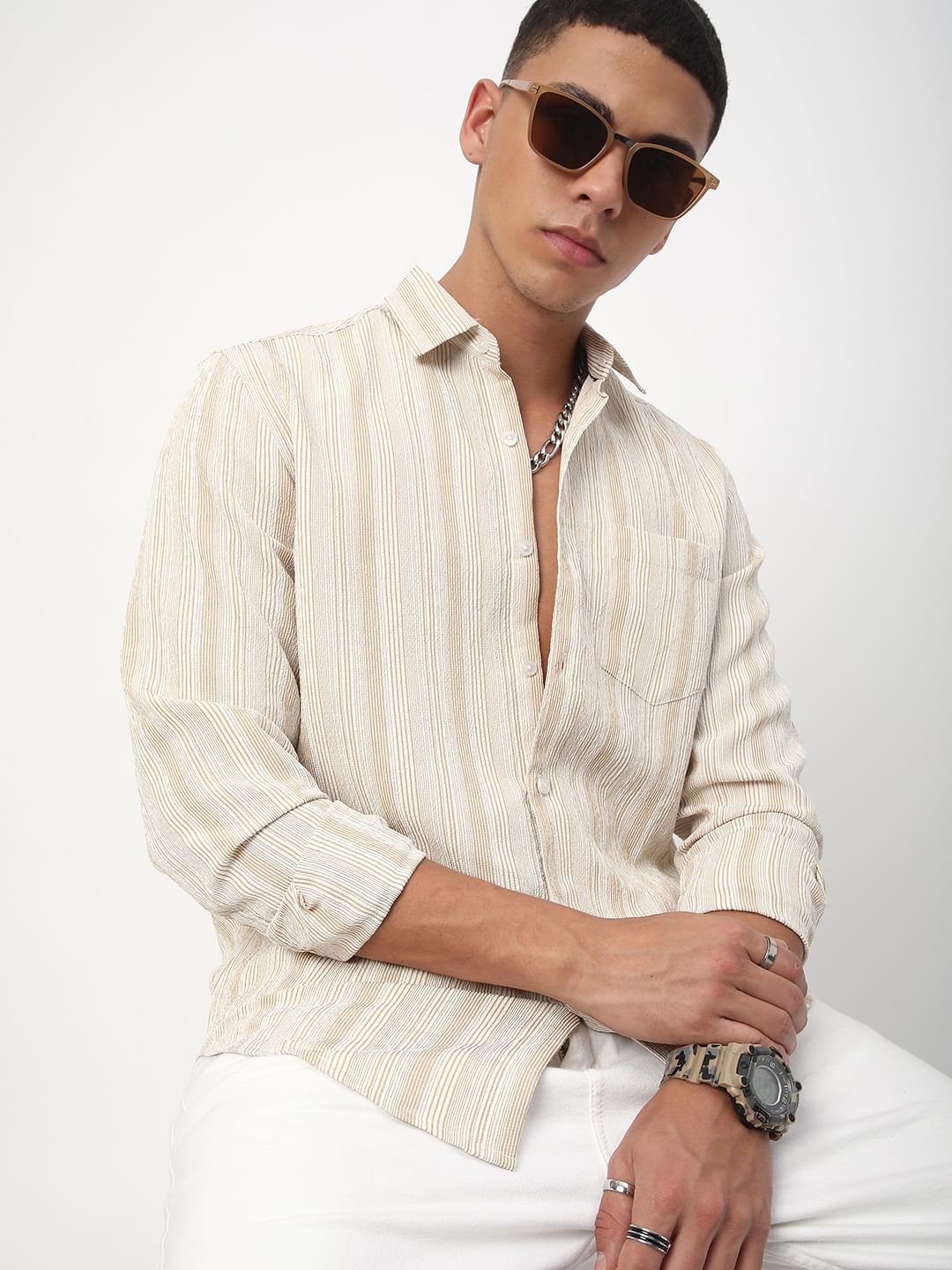 Beige & White Striped Creased Shirt