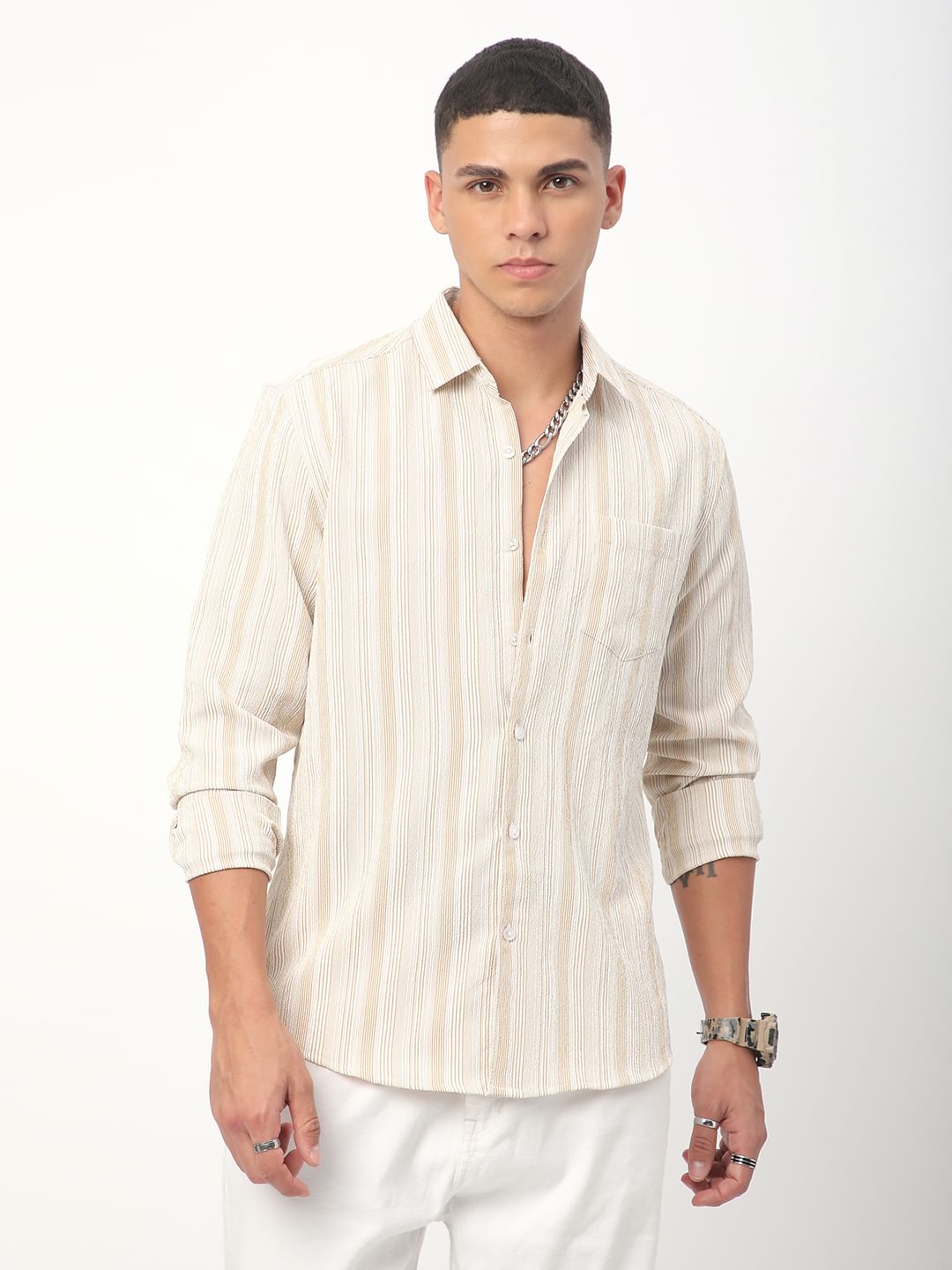 Beige & White Striped Creased Shirt