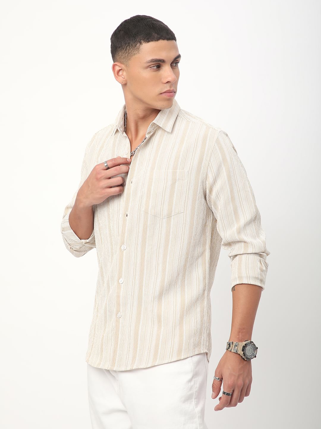 Beige & White Striped Creased Shirt