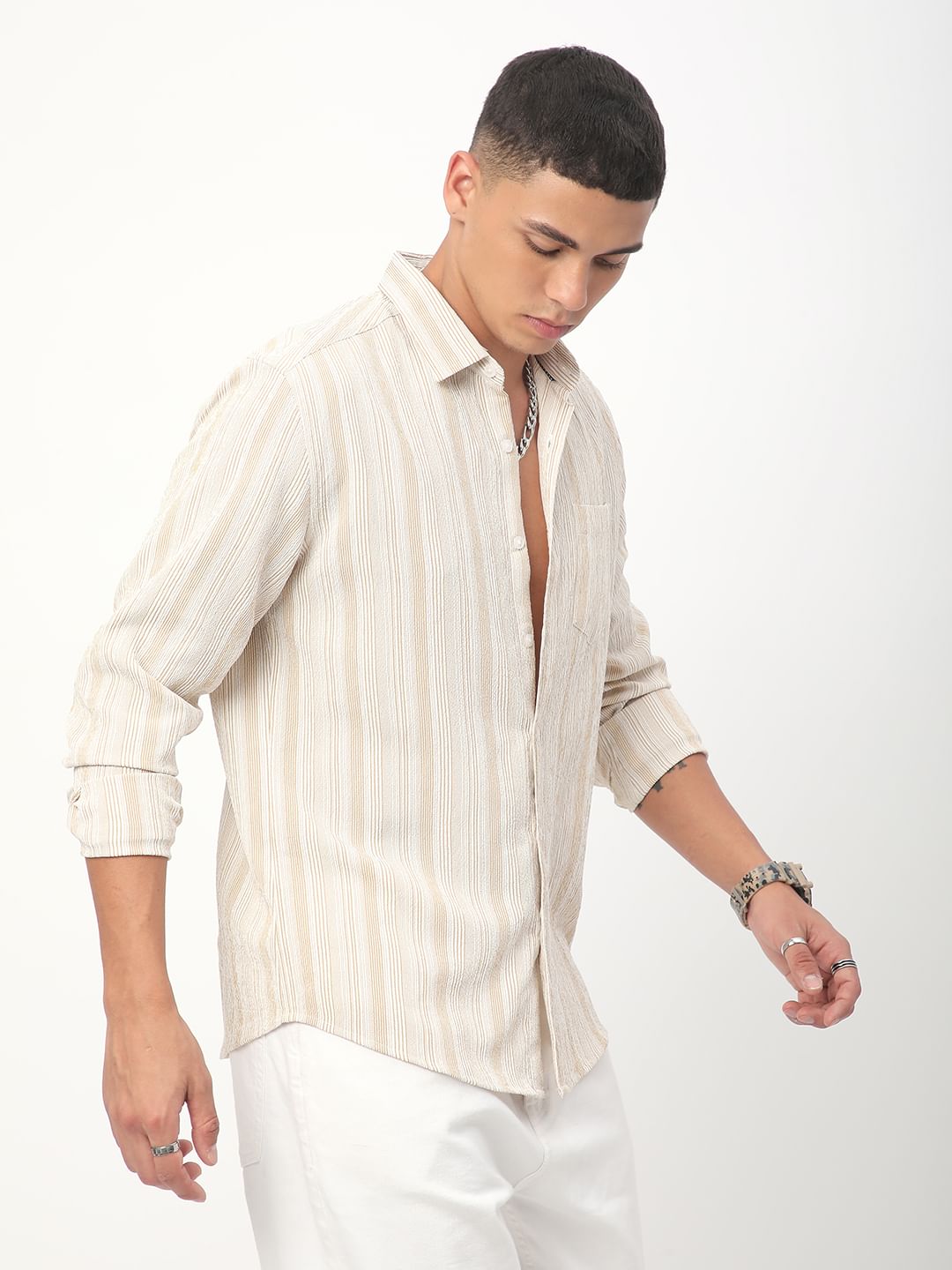 Beige & White Striped Creased Shirt