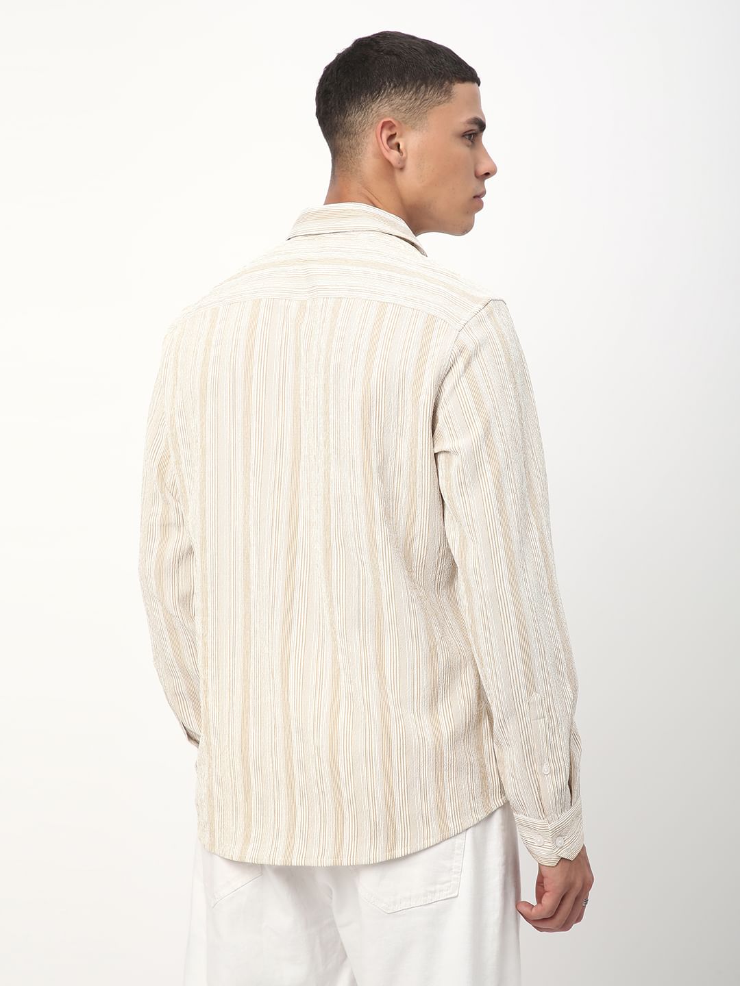 Beige & White Striped Creased Shirt