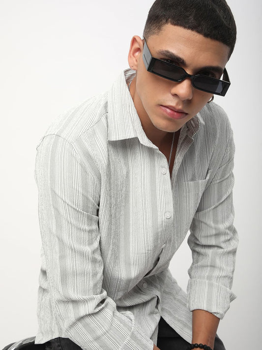Sage Green & White Striped Creased Shirt
